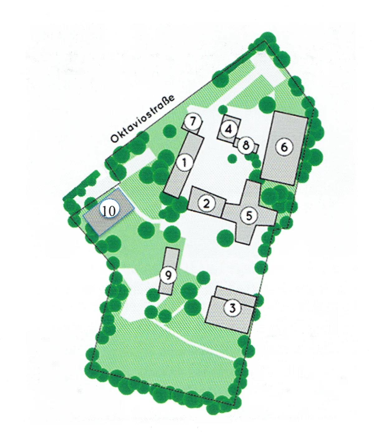 Lageplan des Standorts Oktaviostraße mit nummerierten Gebäuden