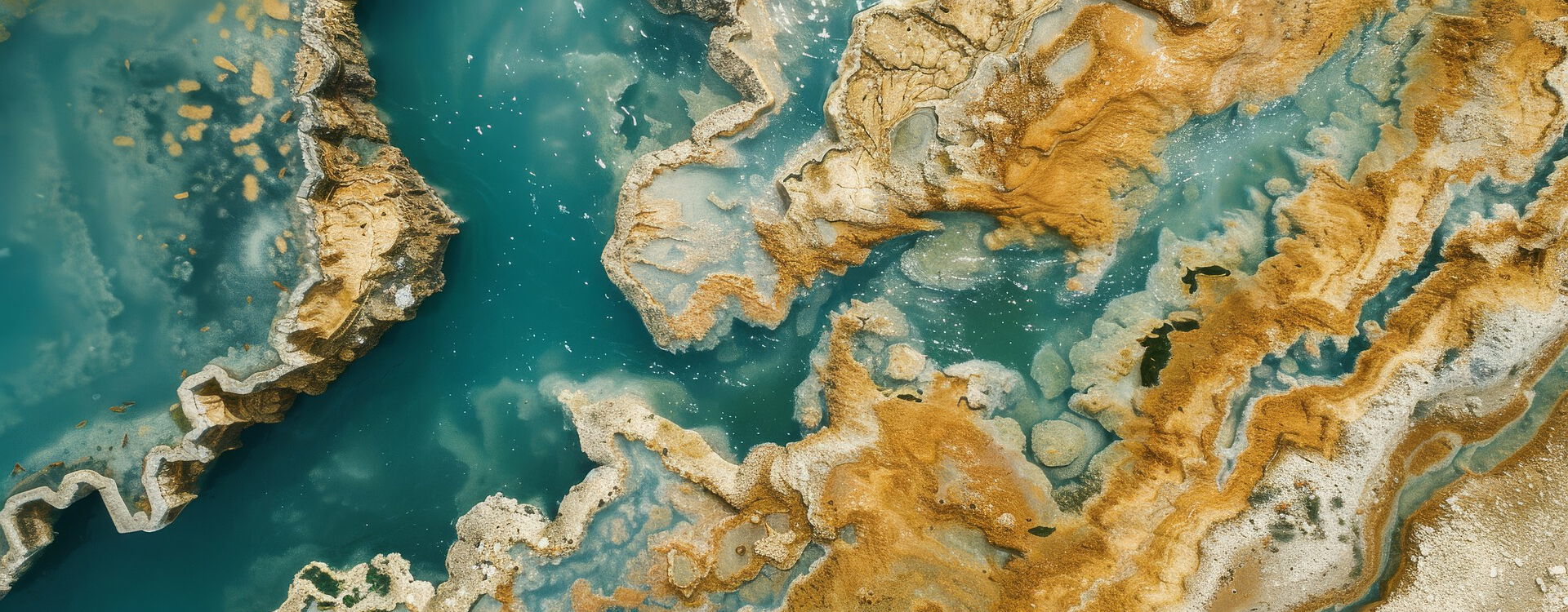 Eine Luftaufnahme zeigt eine faszinierende Landschaft mit türkisblauem Wasser, das von goldbraunen und cremefarbenen Felsformationen umgeben ist. Die Szene erinnert an mineralische Ablagerungen oder geothermische Gebiete.