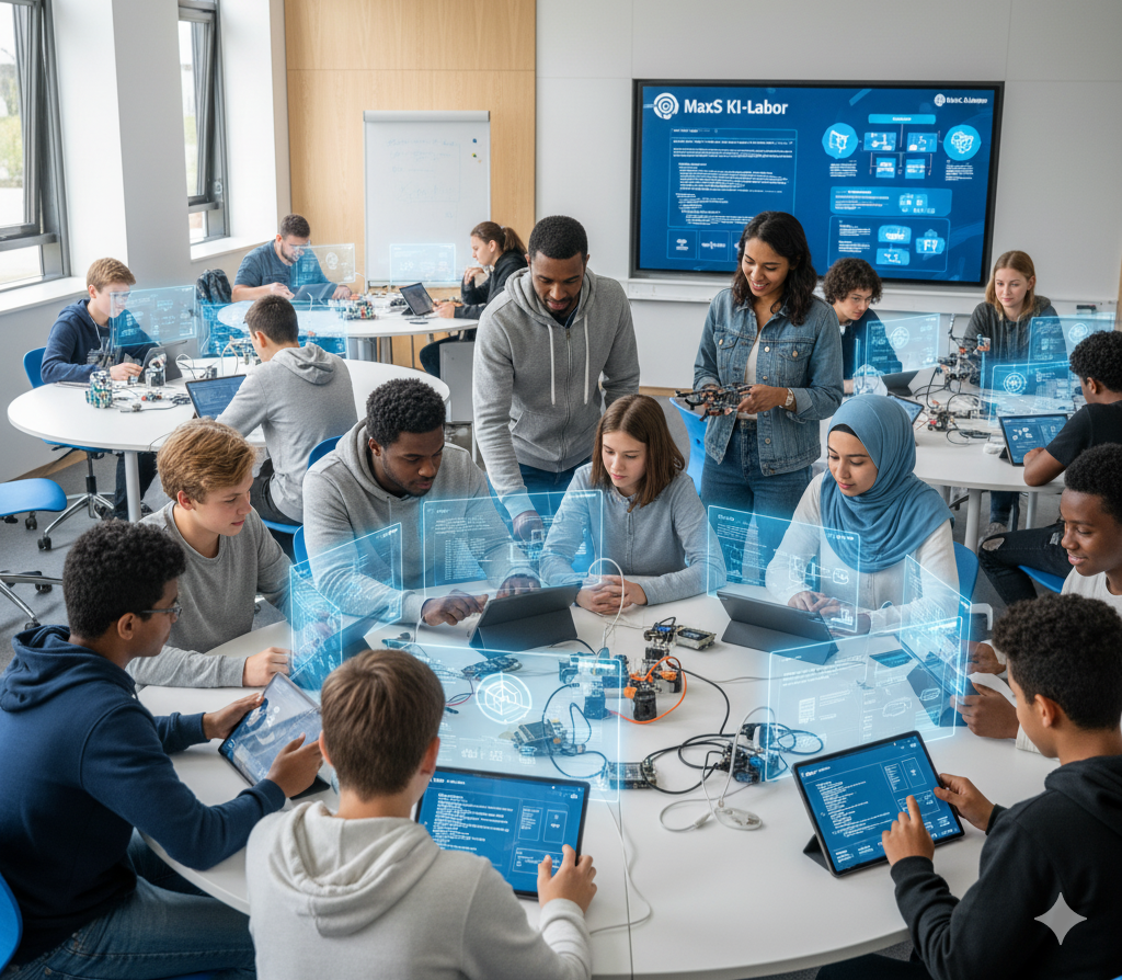 Schülerinnen und Schüler arbeiten mit Laptops und Tablets im KI-Labor
