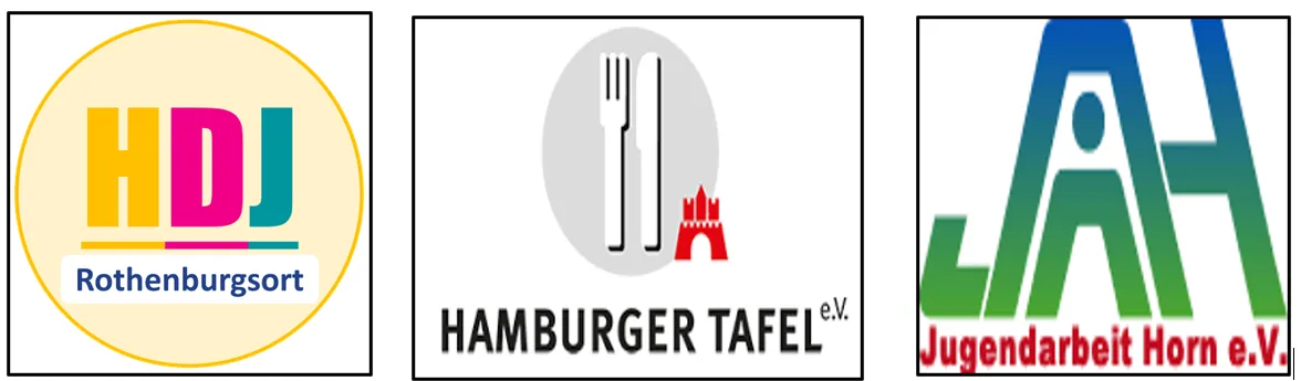 Logos der Praktikumsbetriebe HDJ Rothenburgsort, Hamburger Tafel und Jugendarbeit Horn