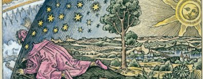 Ein historisches, farbenfrohes Bild zeigt einen Mann in einem roten Gewand, der am Horizont kniet und den Himmel durchdringt. Der Himmel ist als Kuppel dargestellt, mit Sternen, Sonne und Mond. Auf der anderen Seite sind kosmische Sphären und das Universu