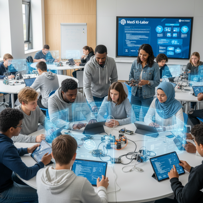 Schülerinnen und Schüler arbeiten mit Laptops und Tablets im KI-Labor