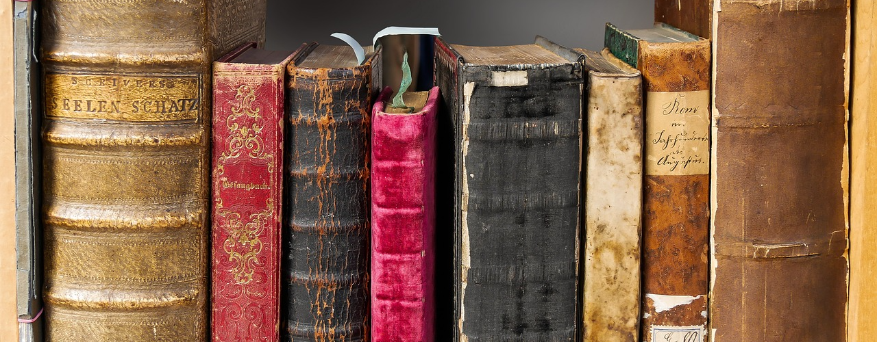 Diverse alte Bücher in einem Regal